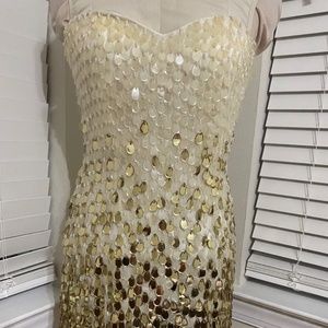 Sherri Hill White Gold Sweetheart Neckline Beaded Cocktail Mini Dress Sz 4 Silk